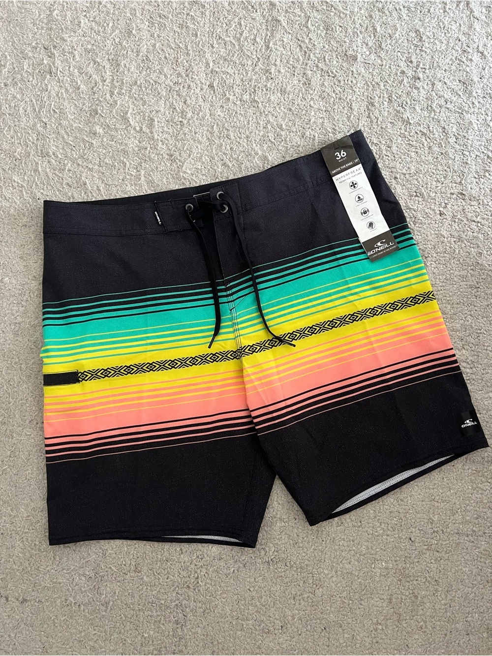 O'Neill Hyperfreak Black Swim Board Shorts with Teal, Yellow and Coral Stripes